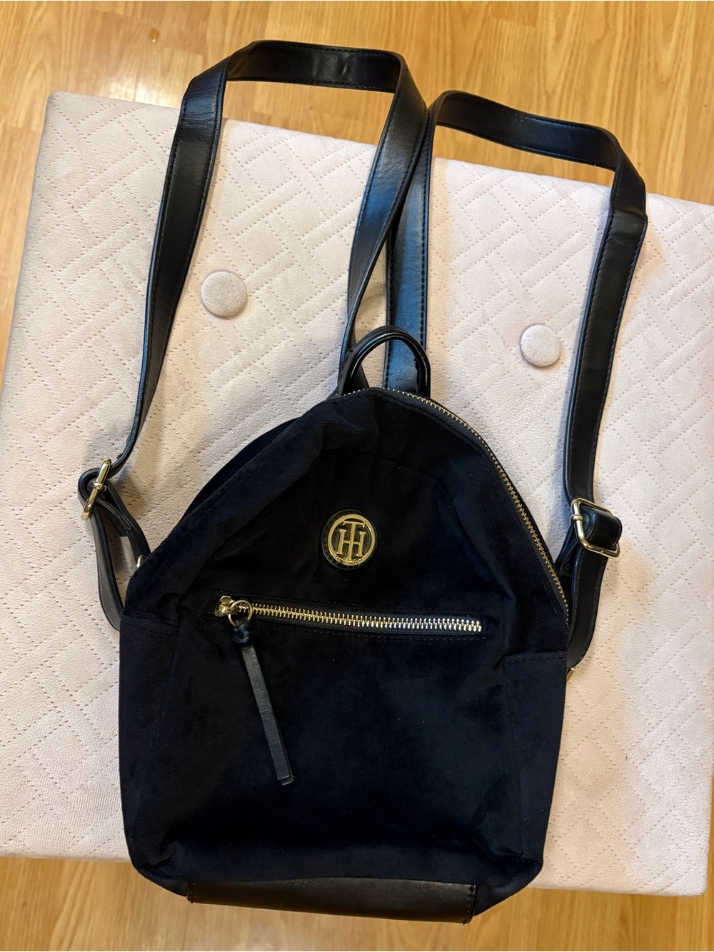 Tommy Hilfiger Black Faux Suede & Faux Leather Mini Backpack with Gold Logo
